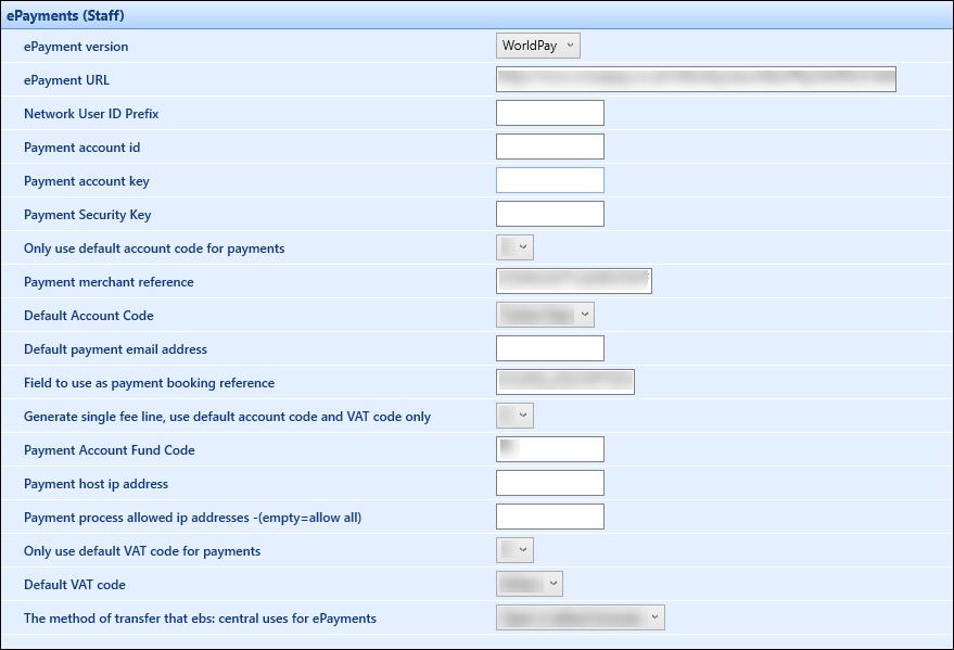 ePayments (ebs: Staff) institution settings screen